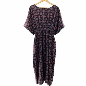 World Market Navy Maxi Dress with Coral Medallion Print